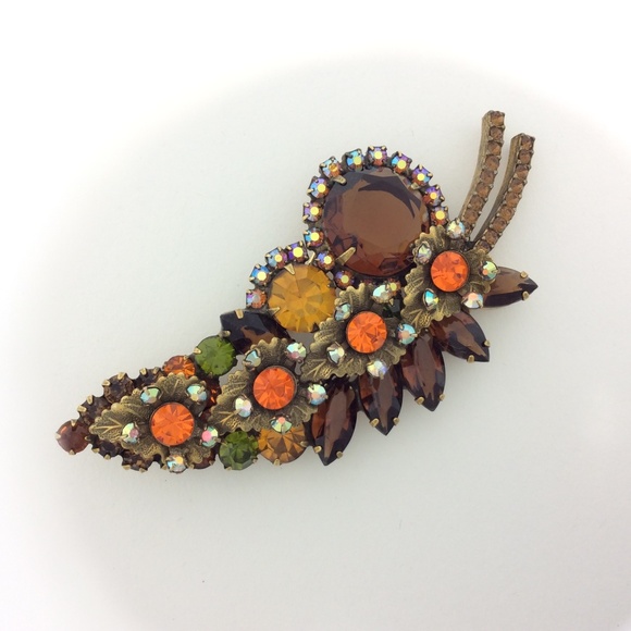 Juliana Rhinestone Brooch & Earrings, Floral Leaf Design, Fall Colors, Vintage - Picture 10 of 13